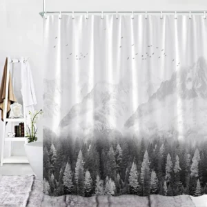 kf-S076636f760ff4c96ac7b367639a37263p-Natural-Bathroom-Decor-Shower-Curtain-Grey-White-Mountains-Birds-Pine-Forest-Landscape-Scenery-Bathroom-Curtains-Fabric Natural Bathroom Decor Shower Curtain