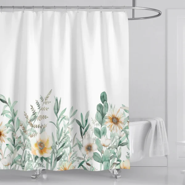 Watercolor Leaf & Floral Shower Curtain – Elegant Bathroom Decor with Hooks