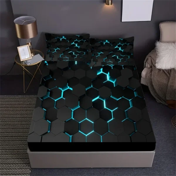 Blue 3D Hexagonal Honeycomb Geometry Print Bedding Set With Deep Pocket
