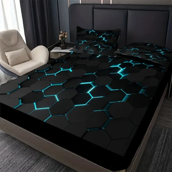 Blue 3D Hexagonal Honeycomb Geometry Print Bedding Set With Deep Pocket