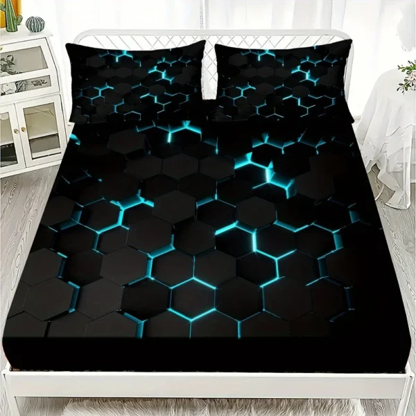 Blue 3D Hexagonal Honeycomb Geometry Print Bedding Set With Deep Pocket