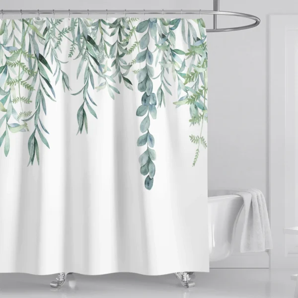 Watercolor Leaf & Floral Shower Curtain – Elegant Bathroom Decor with Hooks