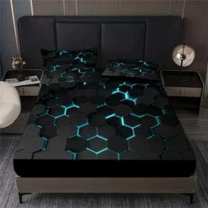 kf-Sbe1fcc790bd34ffa97ac295e268b01dcw-Blue-3D-Hexagonal-Honeycomb-Geometry-Print-Fitted-Sheet-Set-Column-Mosaic-Art-Neon-Mattress-Covers-Bedding Blue 3D Hexagonal Honeycomb Geometry Print Bedding Set With Deep Pocket