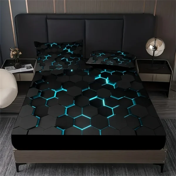Blue 3D Hexagonal Honeycomb Geometry Print Bedding Set With Deep Pocket