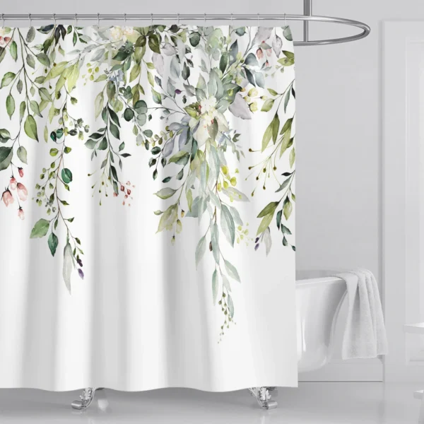 Watercolor Leaf & Floral Shower Curtain – Elegant Bathroom Decor with Hooks