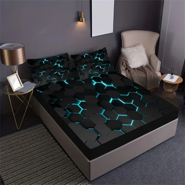 Blue 3D Hexagonal Honeycomb Geometry Print Bedding Set With Deep Pocket